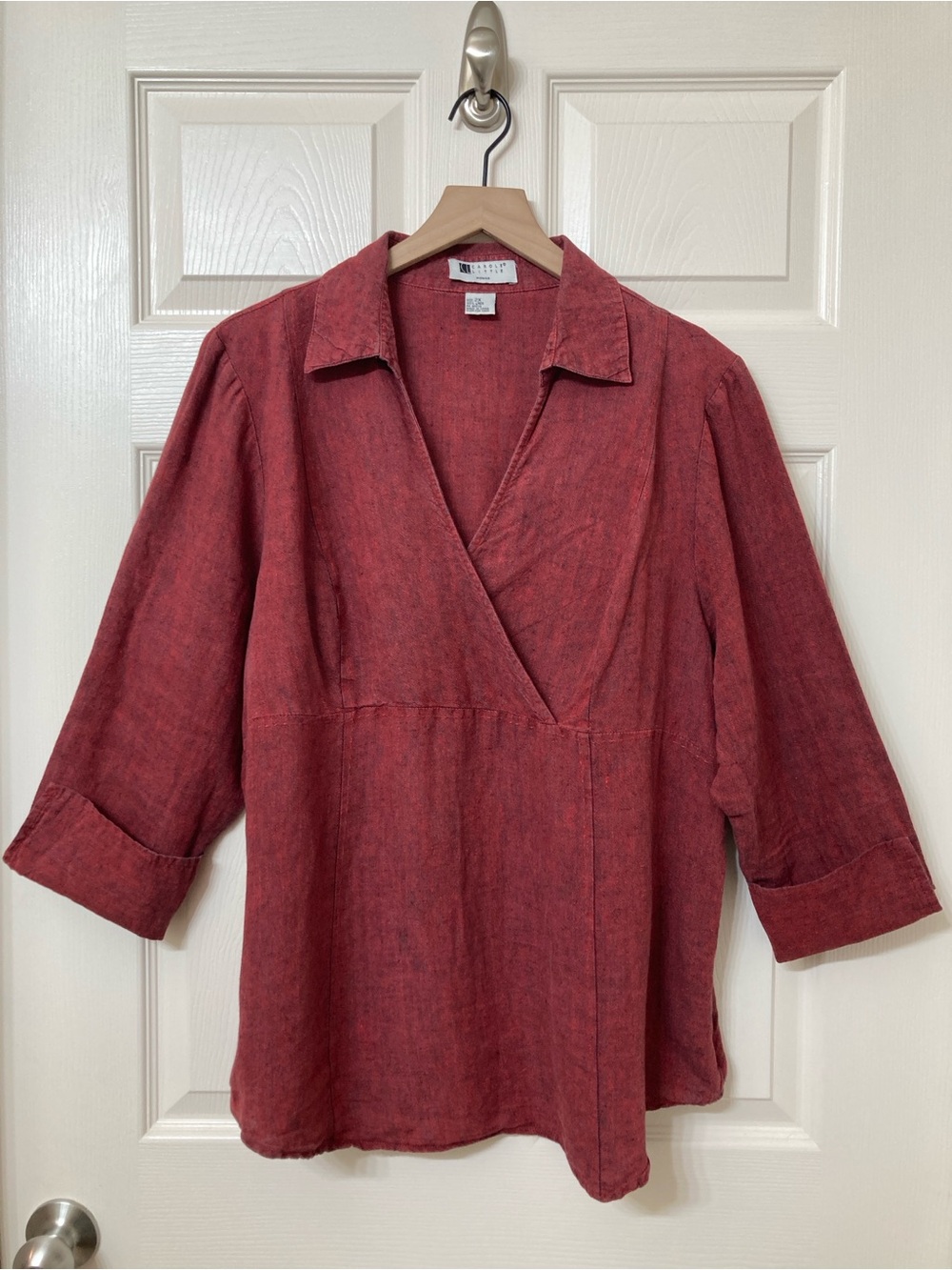Carole Little Red V Neck 3/4 Sleeve Linen Top 2X Minimalist Earth Tone Lagenlook